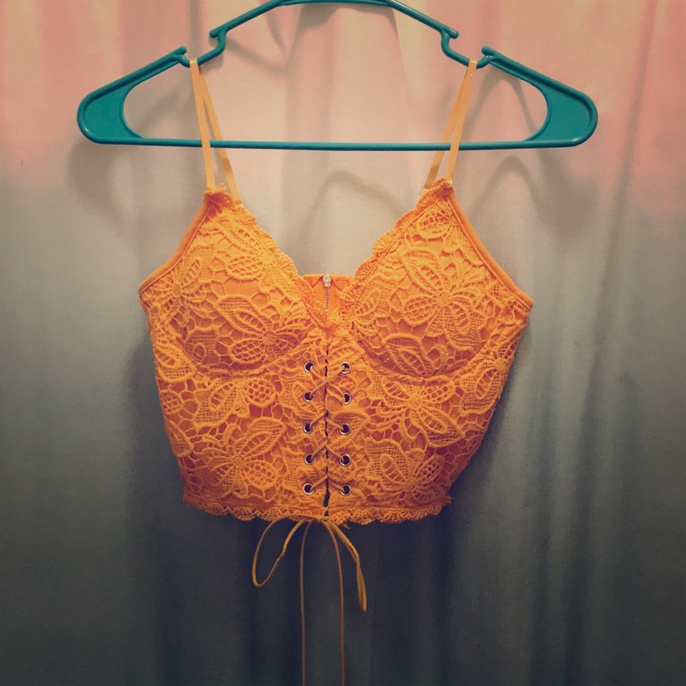 Yellow Lace Up Crop Top.